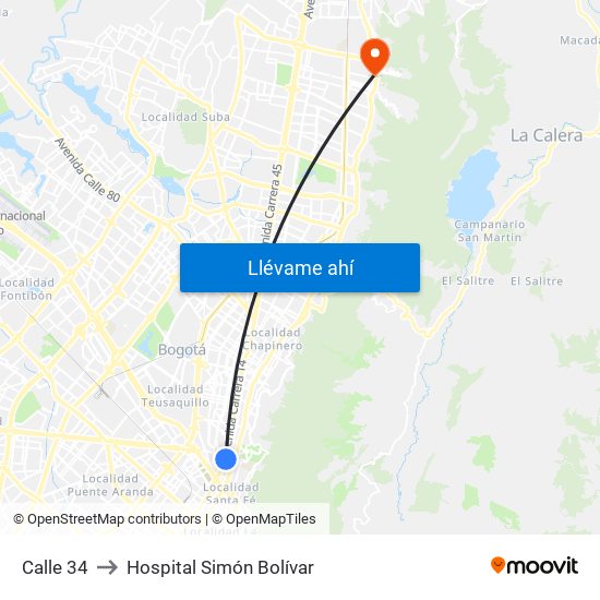 Calle 34 to Hospital Simón Bolívar map