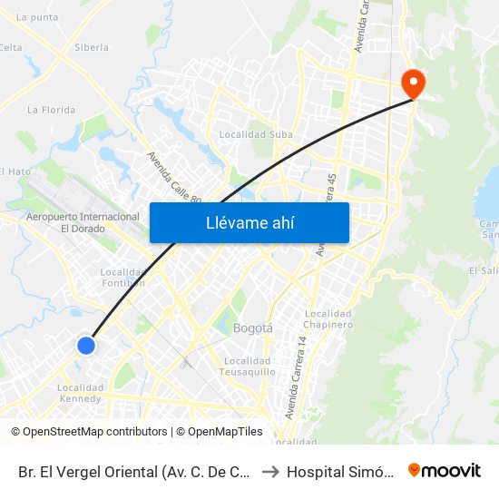 Br. El Vergel Oriental (Av. C. De Cali - Cl 10b) (A) to Hospital Simón Bolívar map