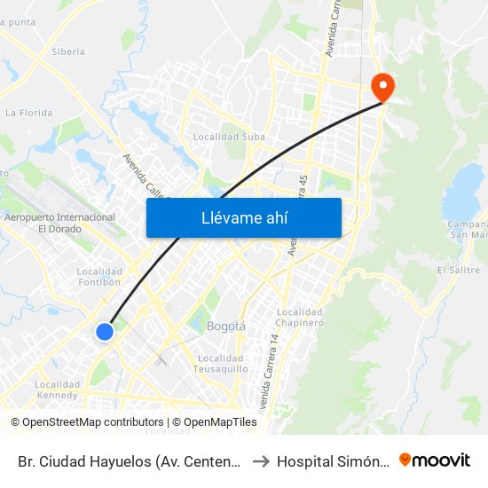 Br. Ciudad Hayuelos (Av. Centenario - Kr 78g) to Hospital Simón Bolívar map