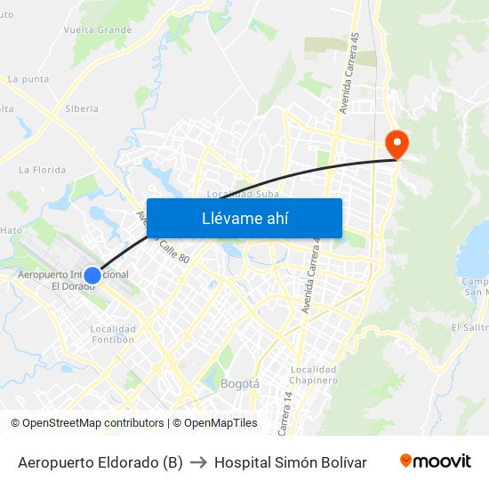 Aeropuerto Eldorado (B) to Hospital Simón Bolívar map