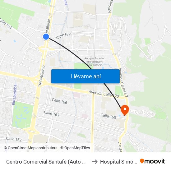 Centro Comercial Santafé (Auto Norte - Cl 187) (B) to Hospital Simón Bolívar map