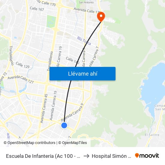 Escuela De Infantería (Ac 100 - Kr 11a) (B) to Hospital Simón Bolívar map