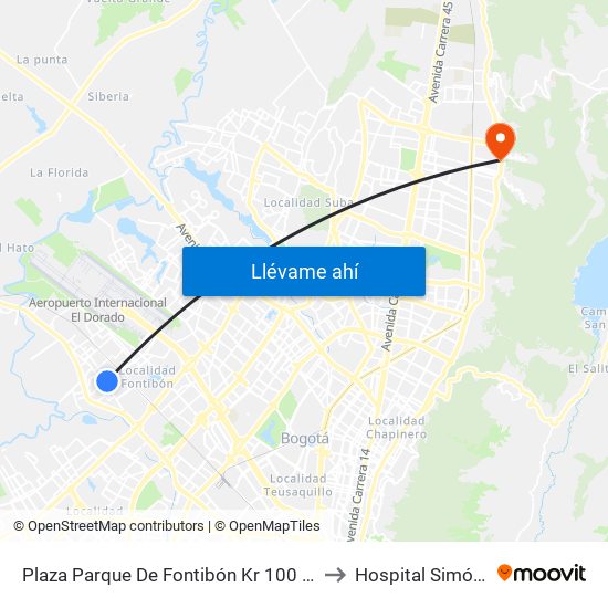 Plaza Parque De Fontibón Kr 100 (Kr 100 - Cl 17a) to Hospital Simón Bolívar map