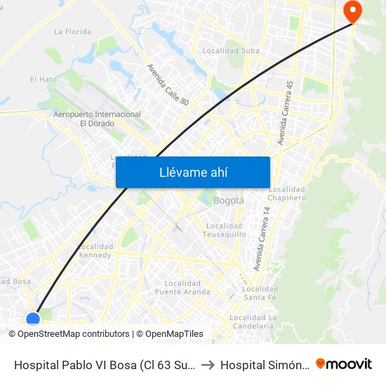 Hospital Pablo VI Bosa (Cl 63 Sur - Kr 77g) (A) to Hospital Simón Bolívar map