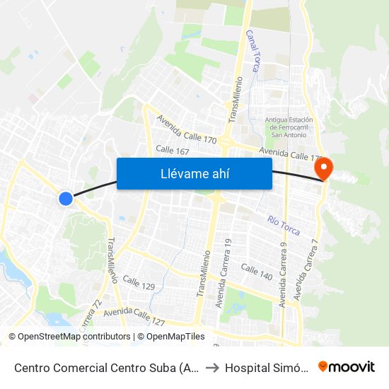 Centro Comercial Centro Suba (Av. Suba - Kr 91) to Hospital Simón Bolívar map