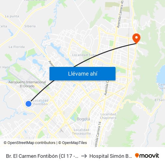 Br. El Carmen Fontibón (Cl 17 - Kr 100) to Hospital Simón Bolívar map