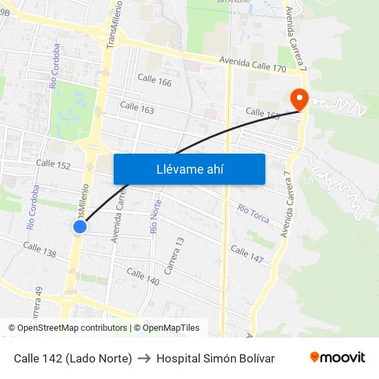 Calle 142 (Lado Norte) to Hospital Simón Bolívar map