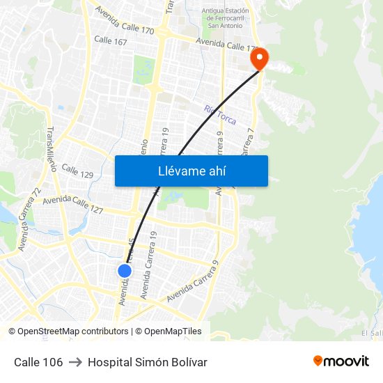 Calle 106 to Hospital Simón Bolívar map