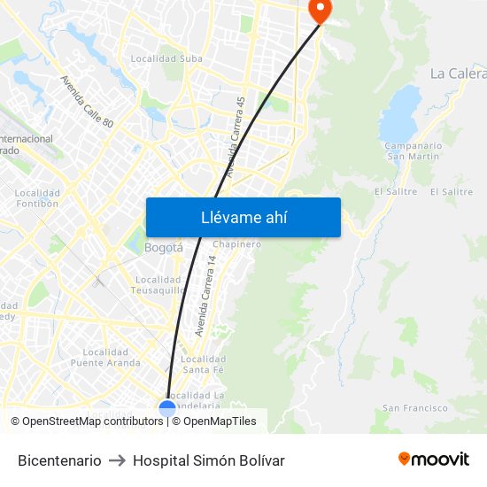 Bicentenario to Hospital Simón Bolívar map