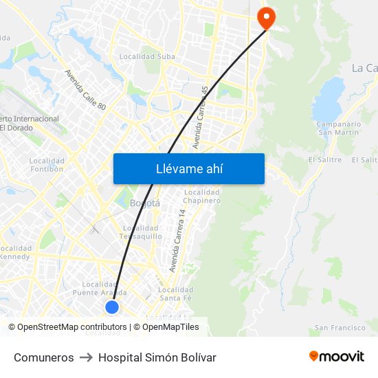 Comuneros to Hospital Simón Bolívar map