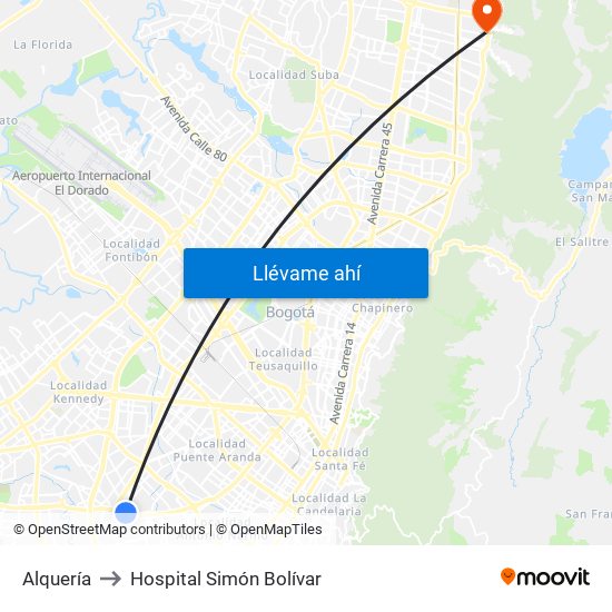 Alquería to Hospital Simón Bolívar map