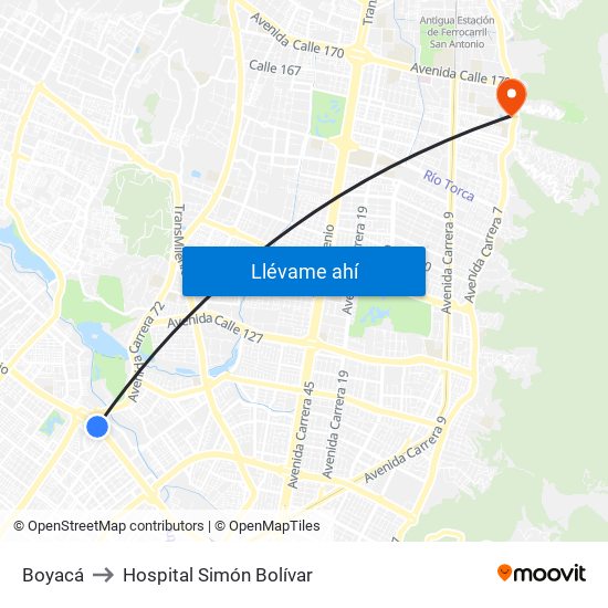 Boyacá to Hospital Simón Bolívar map