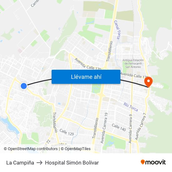 La Campiña to Hospital Simón Bolívar map