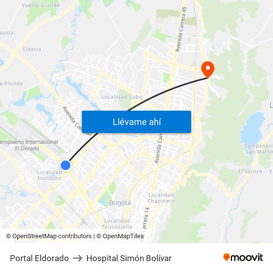 Portal Eldorado to Hospital Simón Bolívar map
