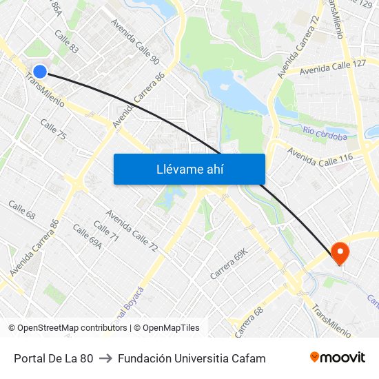 Portal De La 80 to Fundación Universitia Cafam map