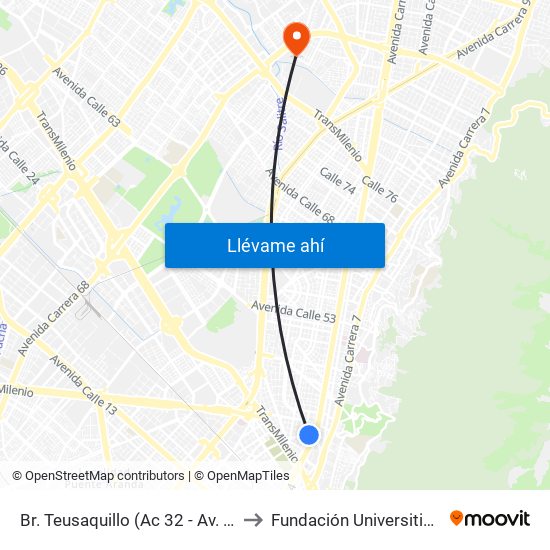 Br. Teusaquillo (Ac 32 - Av. Caracas) to Fundación Universitia Cafam map