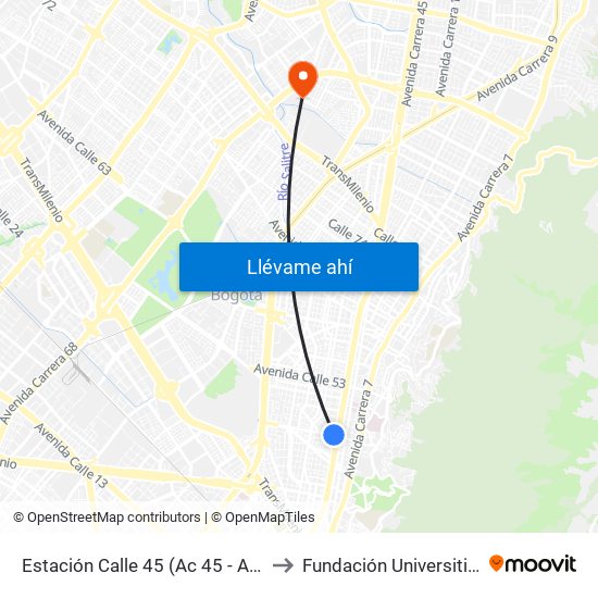 Estación Calle 45 (Ac 45 - Av. Caracas) to Fundación Universitia Cafam map