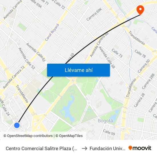 Centro Comercial Salitre Plaza (Av. La Esperanza - Kr 68b) to Fundación Universitia Cafam map