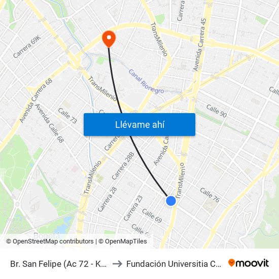 Br. San Felipe (Ac 72 - Kr 17) to Fundación Universitia Cafam map