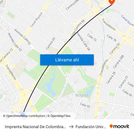 Imprenta Nacional De Colombia (Av. Esperanza - Kr 66) to Fundación Universitia Cafam map