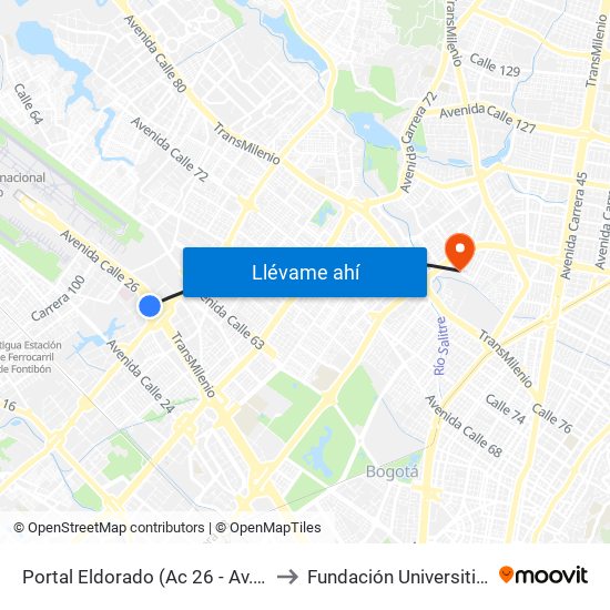 Portal Eldorado (Ac 26 - Av. C. De Cali) to Fundación Universitia Cafam map