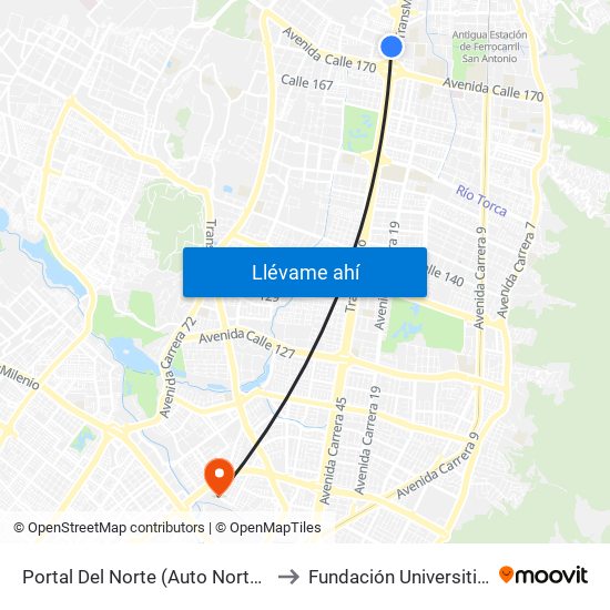 Portal Del Norte (Auto Norte - Cl 174a) to Fundación Universitia Cafam map