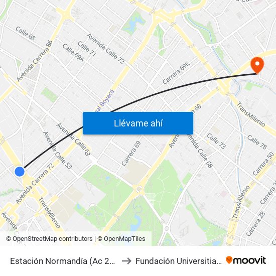 Estación Normandía (Ac 26 - Kr 74) to Fundación Universitia Cafam map