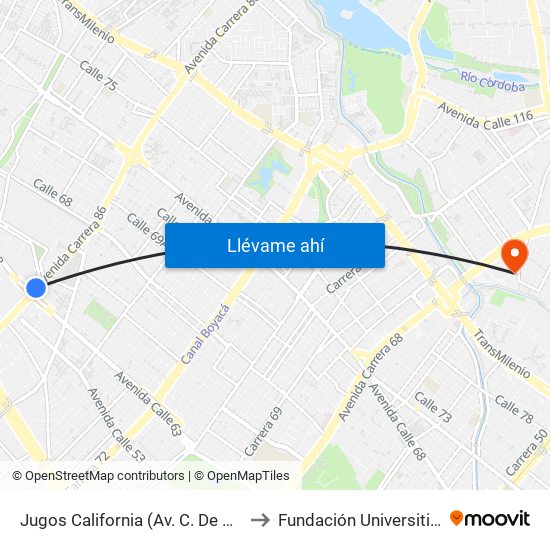 Jugos California (Av. C. De Cali - Ac 63) to Fundación Universitia Cafam map