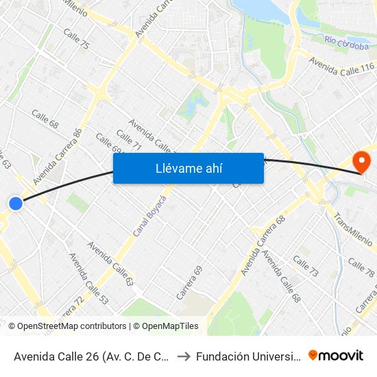 Avenida Calle 26 (Av. C. De Cali - Cl 51) (A) to Fundación Universitia Cafam map