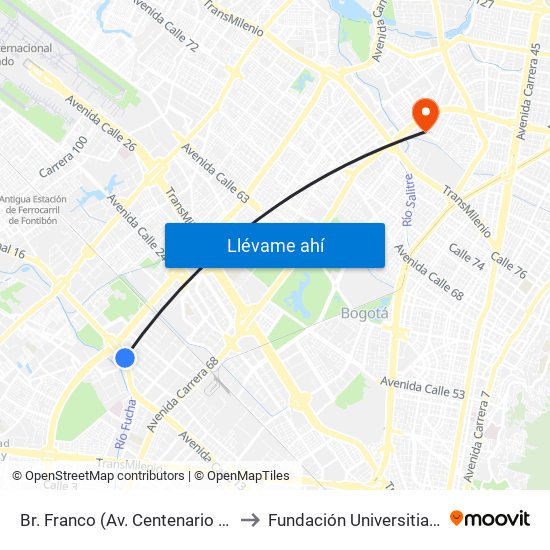 Br. Franco (Av. Centenario - Kr 69b) to Fundación Universitia Cafam map