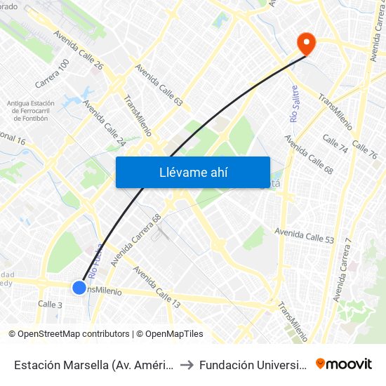 Estación Marsella (Av. Américas - Kr 69b) to Fundación Universitia Cafam map