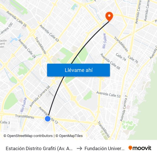 Estación Distrito Grafiti (Av. Américas - Kr 53a) to Fundación Universitia Cafam map