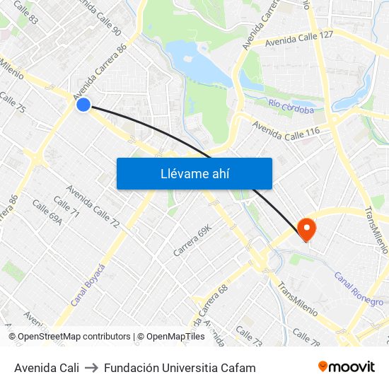 Avenida Cali to Fundación Universitia Cafam map