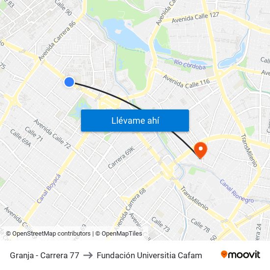 Granja - Carrera 77 to Fundación Universitia Cafam map