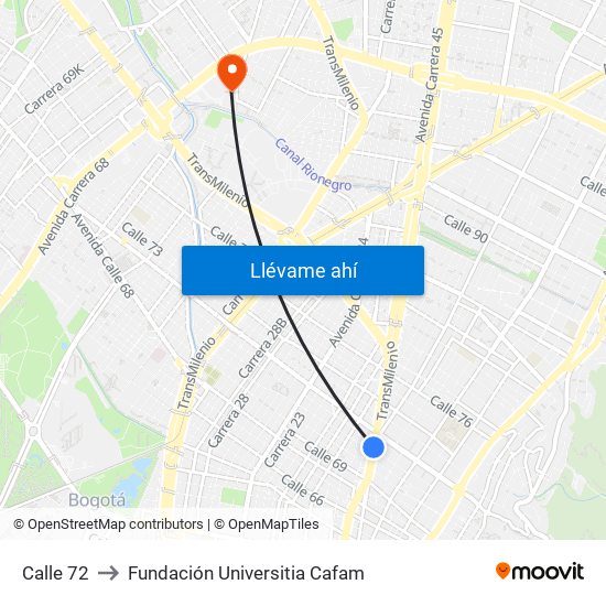 Calle 72 to Fundación Universitia Cafam map