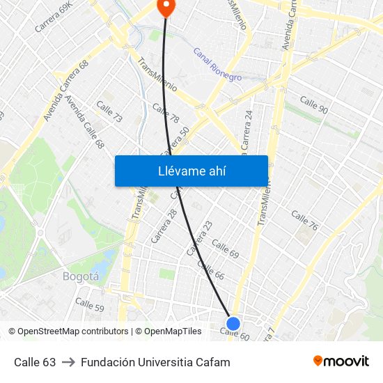 Calle 63 to Fundación Universitia Cafam map