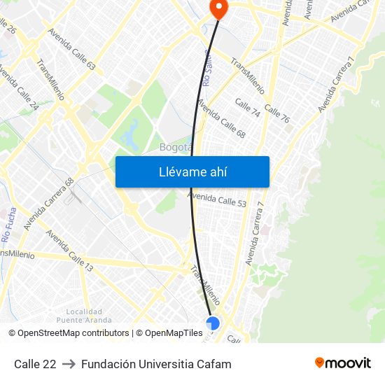 Calle 22 to Fundación Universitia Cafam map