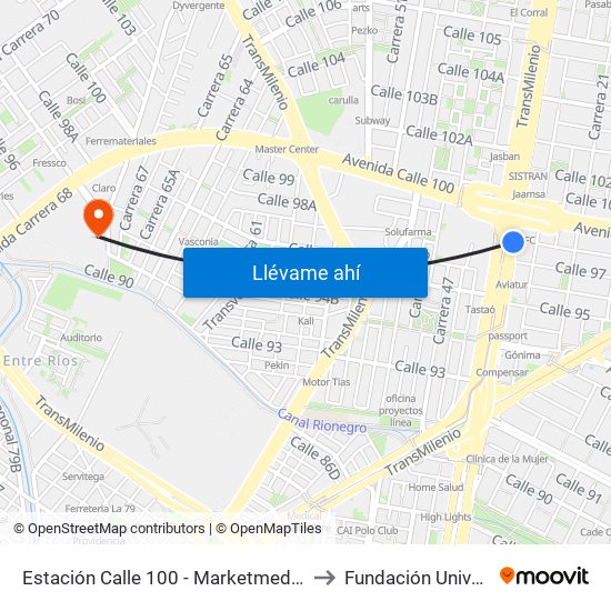 Estación Calle 100 - Marketmedios (Auto Norte - Cl 98) to Fundación Universitia Cafam map