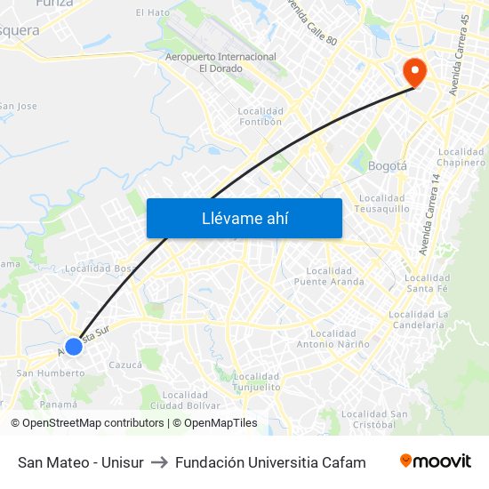 San Mateo - Unisur to Fundación Universitia Cafam map