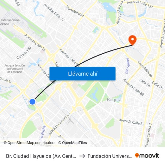 Br. Ciudad Hayuelos (Av. Centenario - Kr 78g) to Fundación Universitia Cafam map