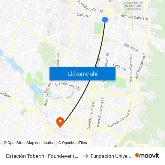 Estación Toberín - Foundever (Auto Norte - Cl 166) to Fundación Universitia Cafam map