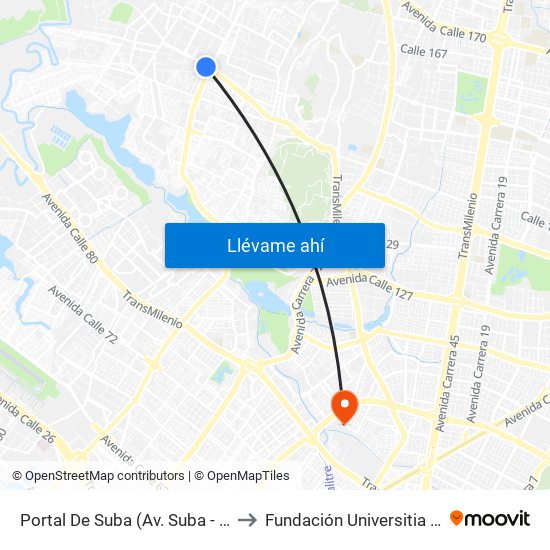 Portal De Suba (Av. Suba - Kr 106) to Fundación Universitia Cafam map