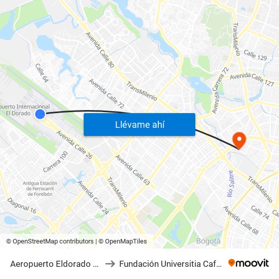 Aeropuerto Eldorado (B) to Fundación Universitia Cafam map