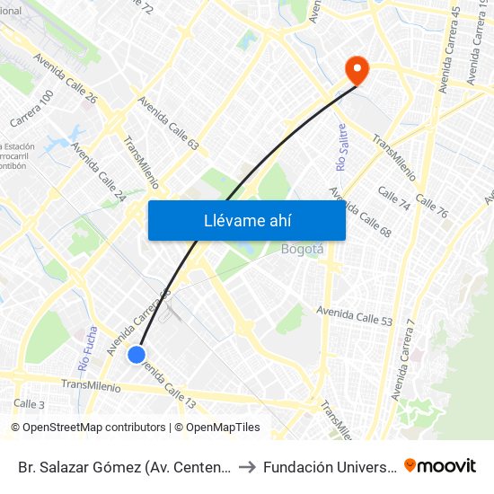 Br. Salazar Gómez (Av. Centenario - Kr 65) (A) to Fundación Universitia Cafam map
