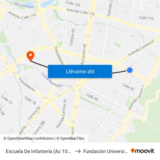 Escuela De Infantería (Ac 100 - Kr 11a) (B) to Fundación Universitia Cafam map