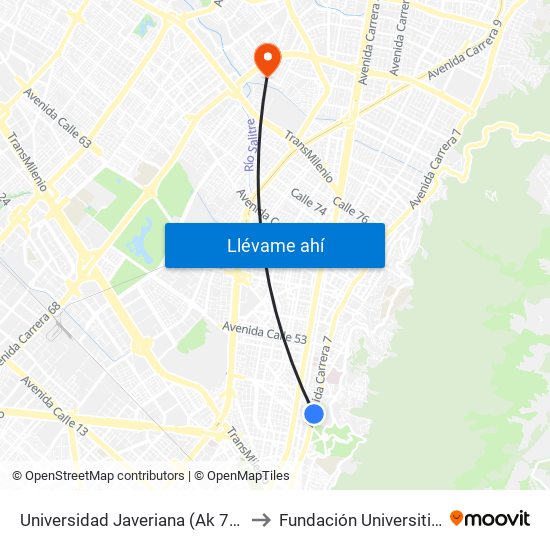 Universidad Javeriana (Ak 7 - Cl 40) (B) to Fundación Universitia Cafam map