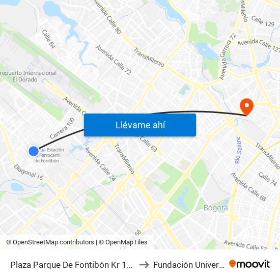 Plaza Parque De Fontibón Kr 100 (Kr 100 - Cl 17a) to Fundación Universitia Cafam map