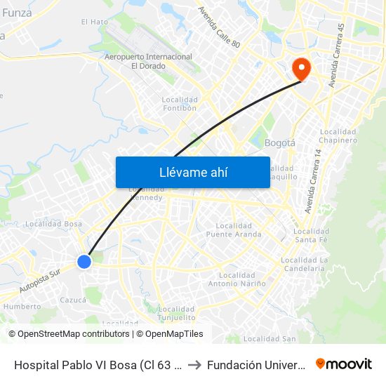 Hospital Pablo VI Bosa (Cl 63 Sur - Kr 77g) (A) to Fundación Universitia Cafam map