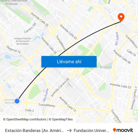 Estación Banderas (Av. Américas - Kr 78a) (A) to Fundación Universitia Cafam map