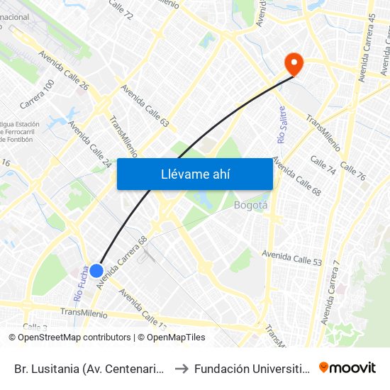 Br. Lusitania (Av. Centenario - Kr 68b) to Fundación Universitia Cafam map